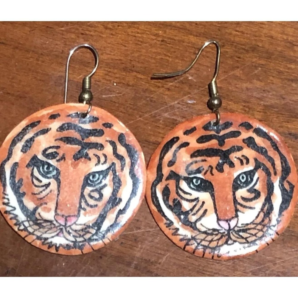 TIGER Wooden Earrings , Hippie, Boho Style, Trendy, Unique, Hand Painted by Sage